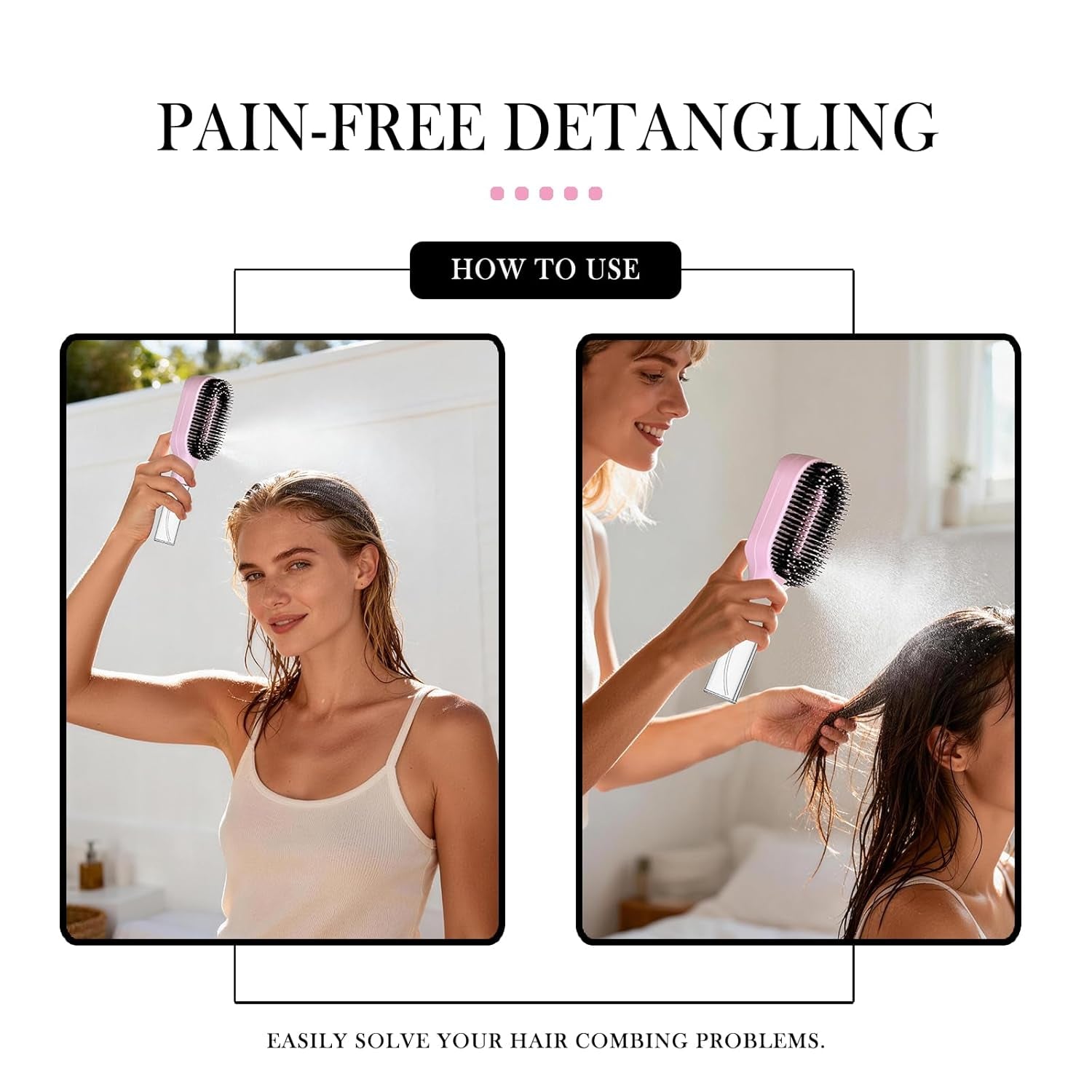 2-In-1 Detangler Hair Brush, with Built-In Mister Spray, Wet & Dry Detangling Brush for Curly, Wavy & Straight Hair | No-Tangle Anti-Frizz Hair Care Brush,Water Reservoir 50Ml. (Pink)