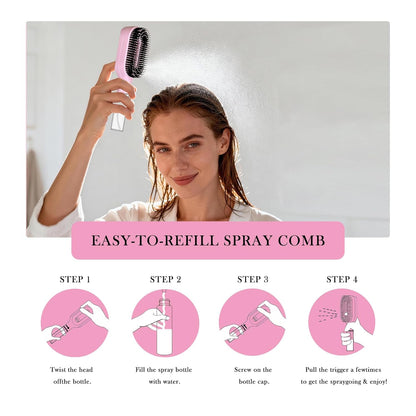 2-In-1 Detangler Hair Brush, with Built-In Mister Spray, Wet & Dry Detangling Brush for Curly, Wavy & Straight Hair | No-Tangle Anti-Frizz Hair Care Brush,Water Reservoir 50Ml. (Pink)
