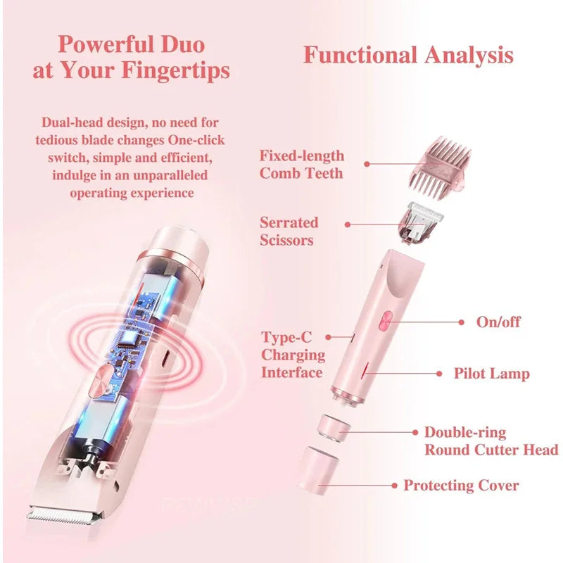 Dual Head Electric Hair Trimmer for Women - Rechargeable Wet/Dry Painless Shaver for Body and Sensitive Areas